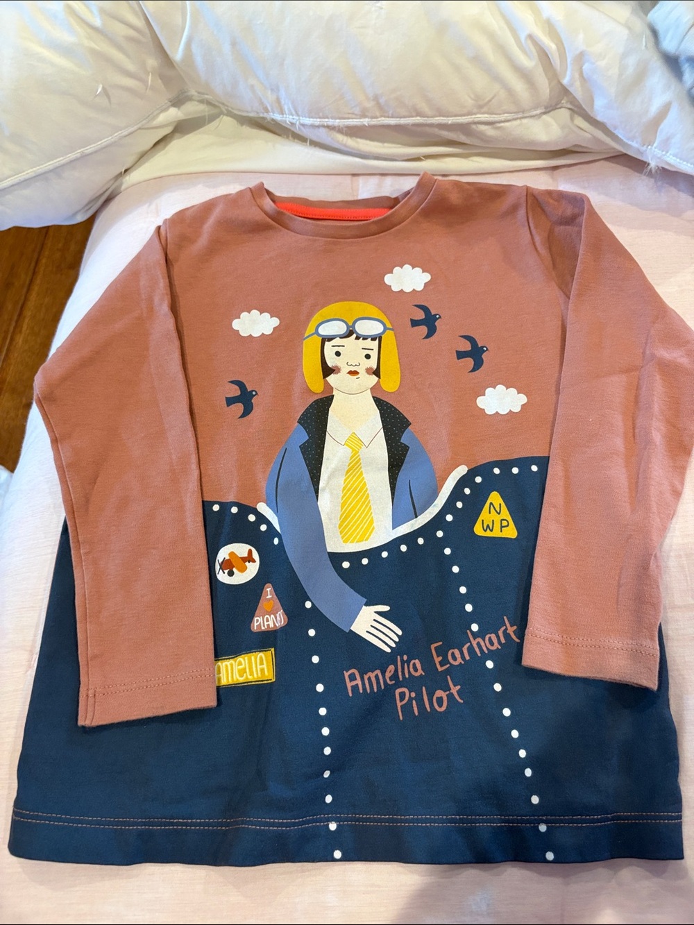 Girls Long Sleeve Amelia Earhart Pilot Graphic Tee - Dusty Rose & Navy